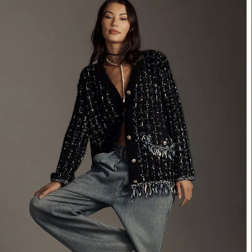 Anthropologie Black and Cream Fringe Cardigan